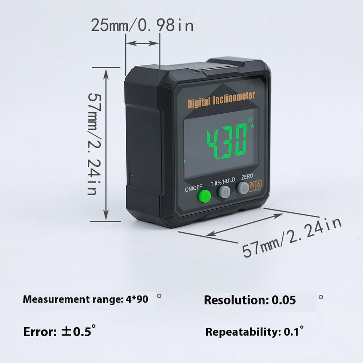 A black digital inclinometer device with an LCD display showing 4.30 degrees and various specifications.