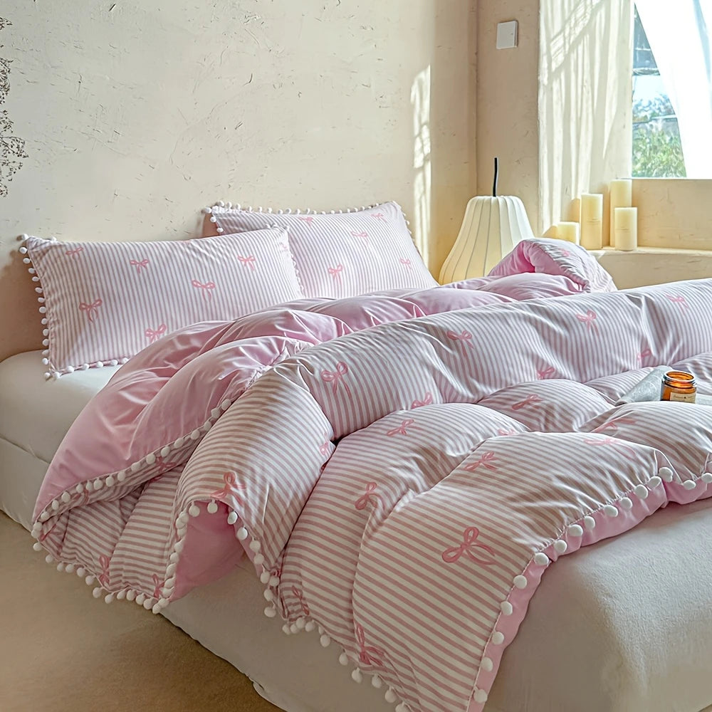 Cute Pink Bow Print Duvet Cover Set with Pillowcases