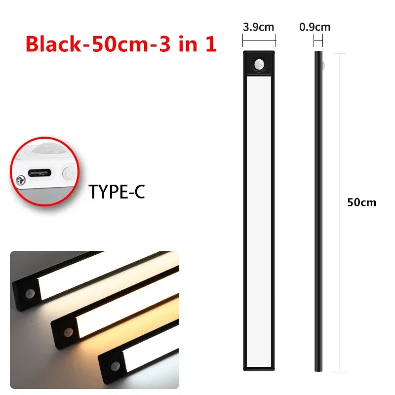 Black 50cm 3 in 1 cabinet light featuring a Type-C connection and adjustable LED strips.