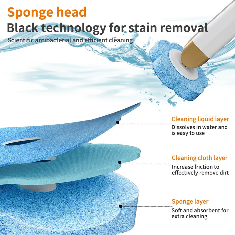 Close-up view of a blue sponge head for stain removal, showing layers including cleaning liquid, cloth, and sponge.