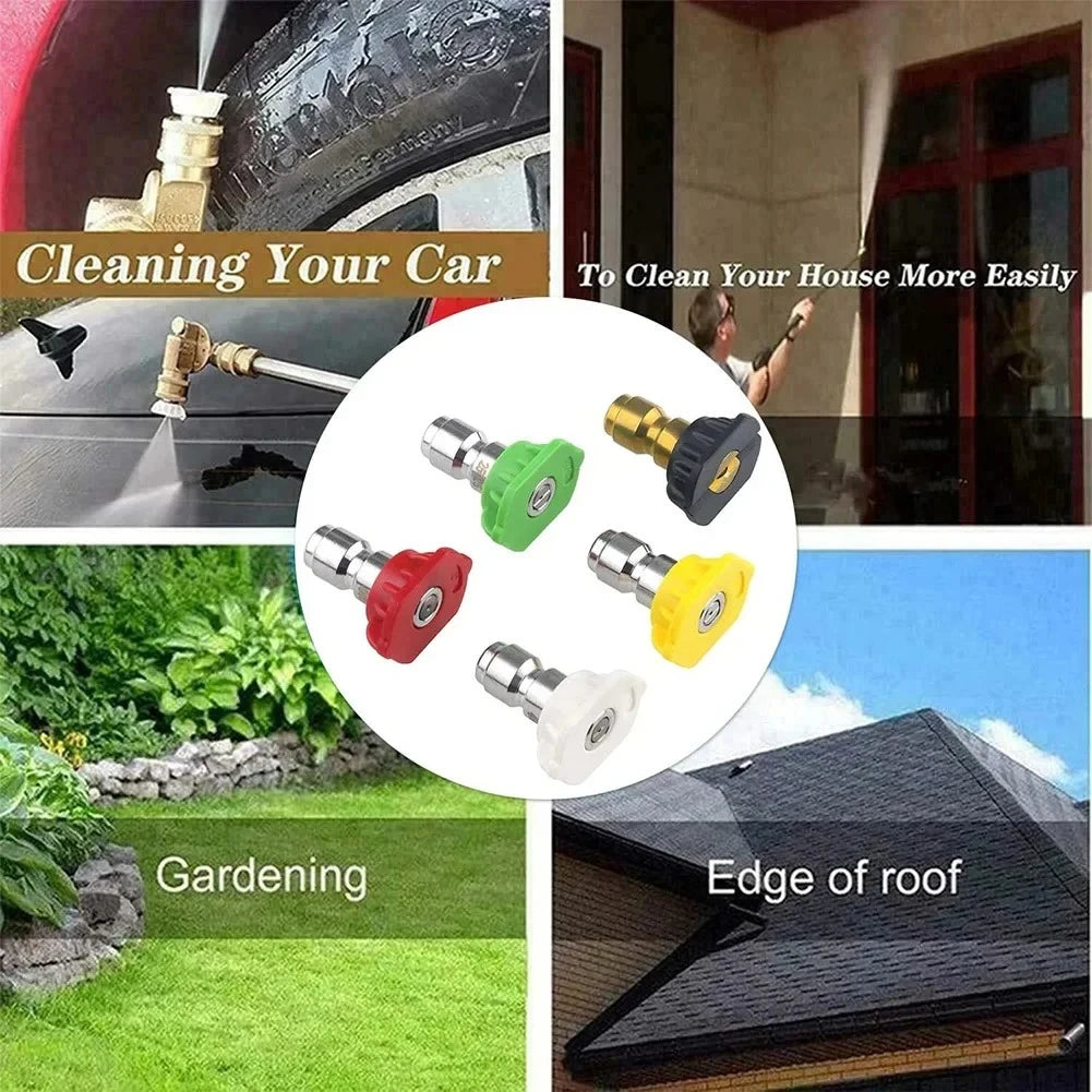A set of five high pressure washer nozzles with quick connect fittings shown for cleaning various surfaces like cars, houses,