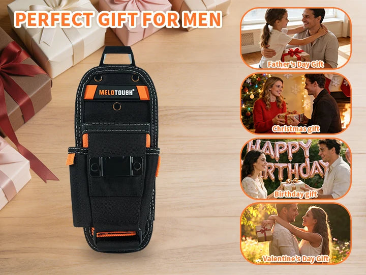Black Melotough tool pouch with orange accents shown alongside various gift ideas for men and women.