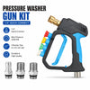 A black pressure washer gun kit with four color-coded nozzles and a blue handle, showing various connection sizes.