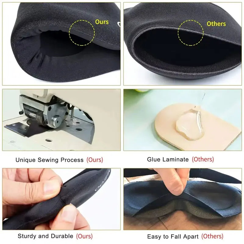 Comparison of a black silk-touch sleep mask showing unique sewing process, glue laminate, and durability features.