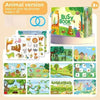 A colorful busy book featuring animal themes, including dinosaurs and vehicles, designed for toddlers.
