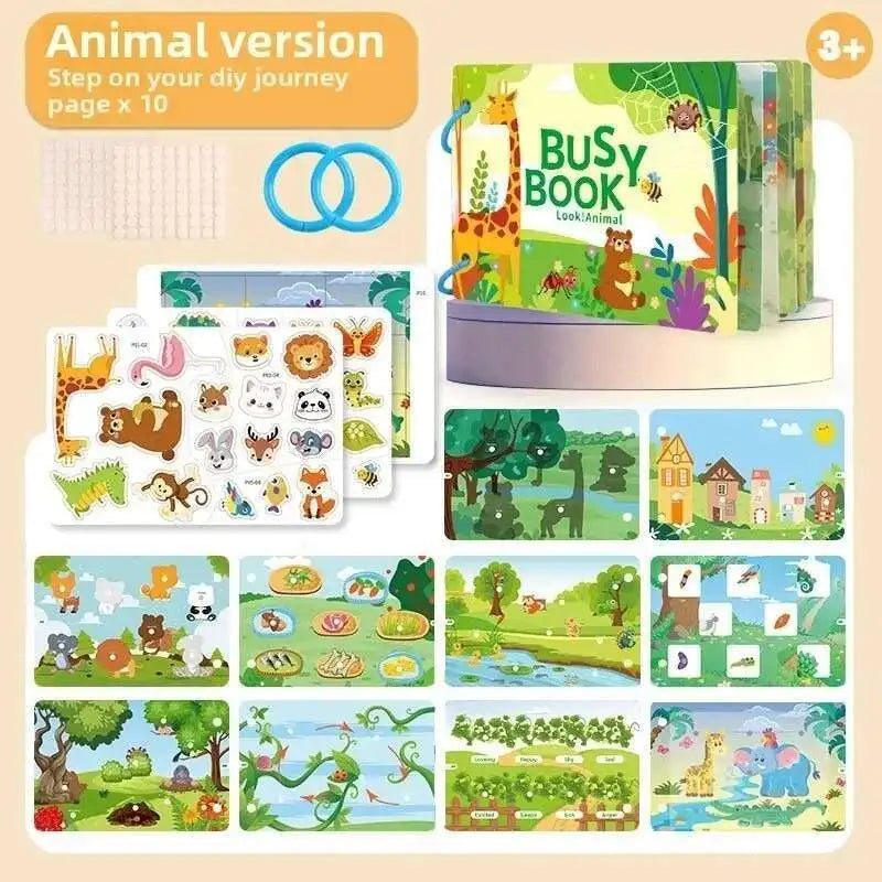 A colorful busy book featuring animal themes, including dinosaurs and vehicles, designed for toddlers.