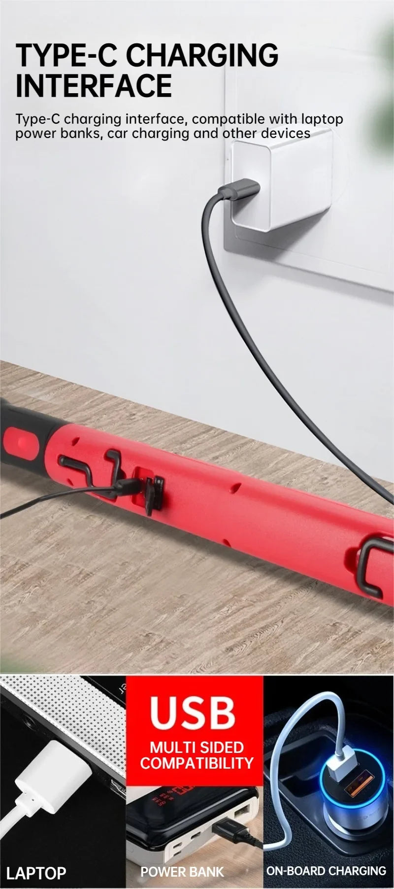 Red magnetic rechargeable COB work light with a hook and cable shown next to a laptop and power bank.
