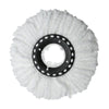A white microfiber spinning mop head with a black center and surrounding fibers.