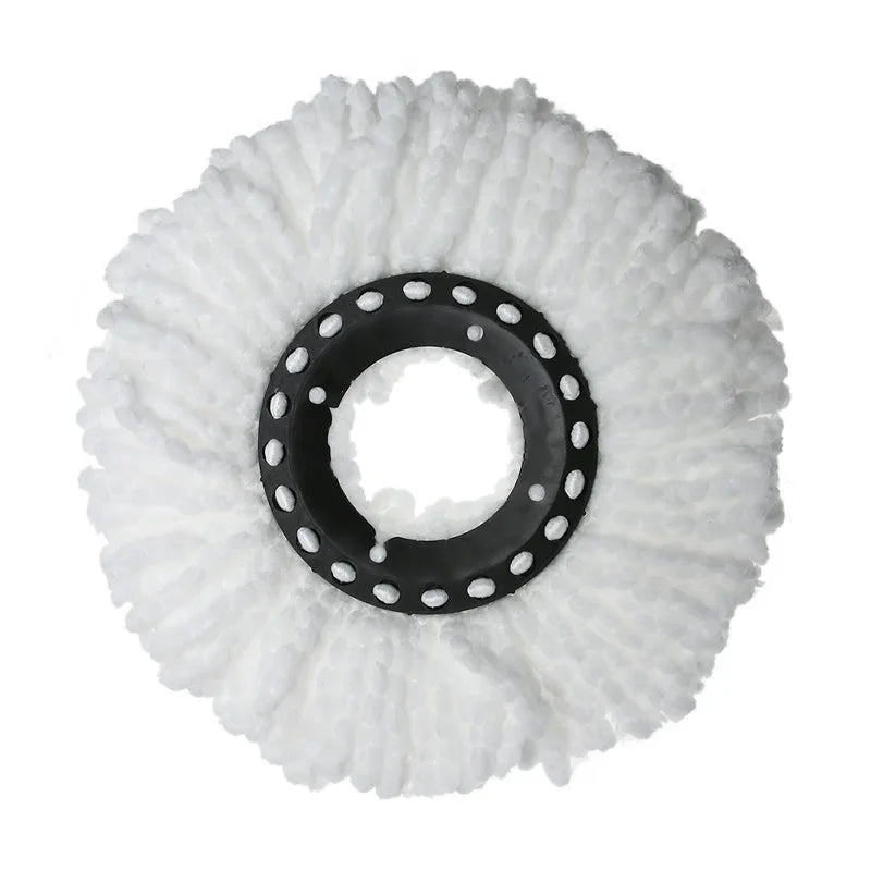 A white microfiber spinning mop head with a black center and surrounding fibers.