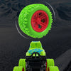 A bright lime green off-road tire is shown above a yellow and green stunt car with four wheels.