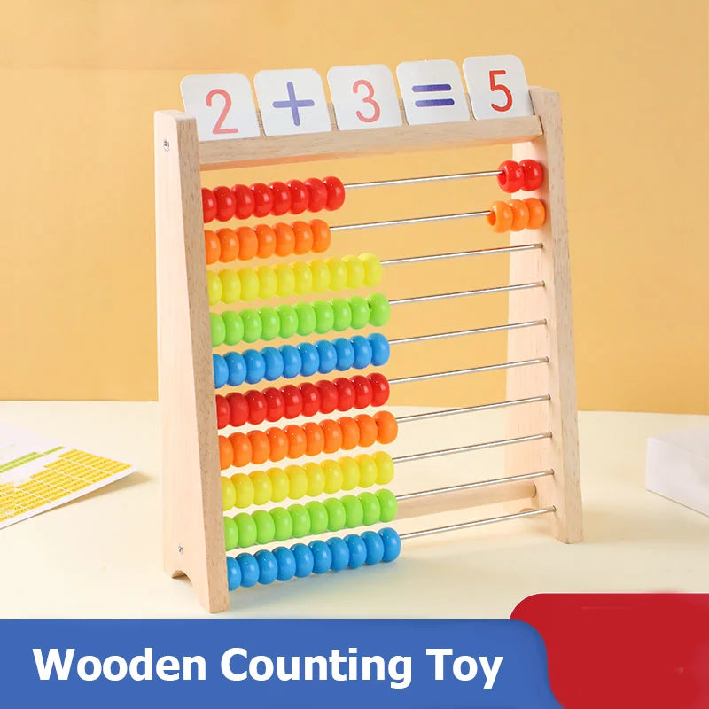A wooden counting toy abacus with colored beads and a mathematical equation displayed on the frame.