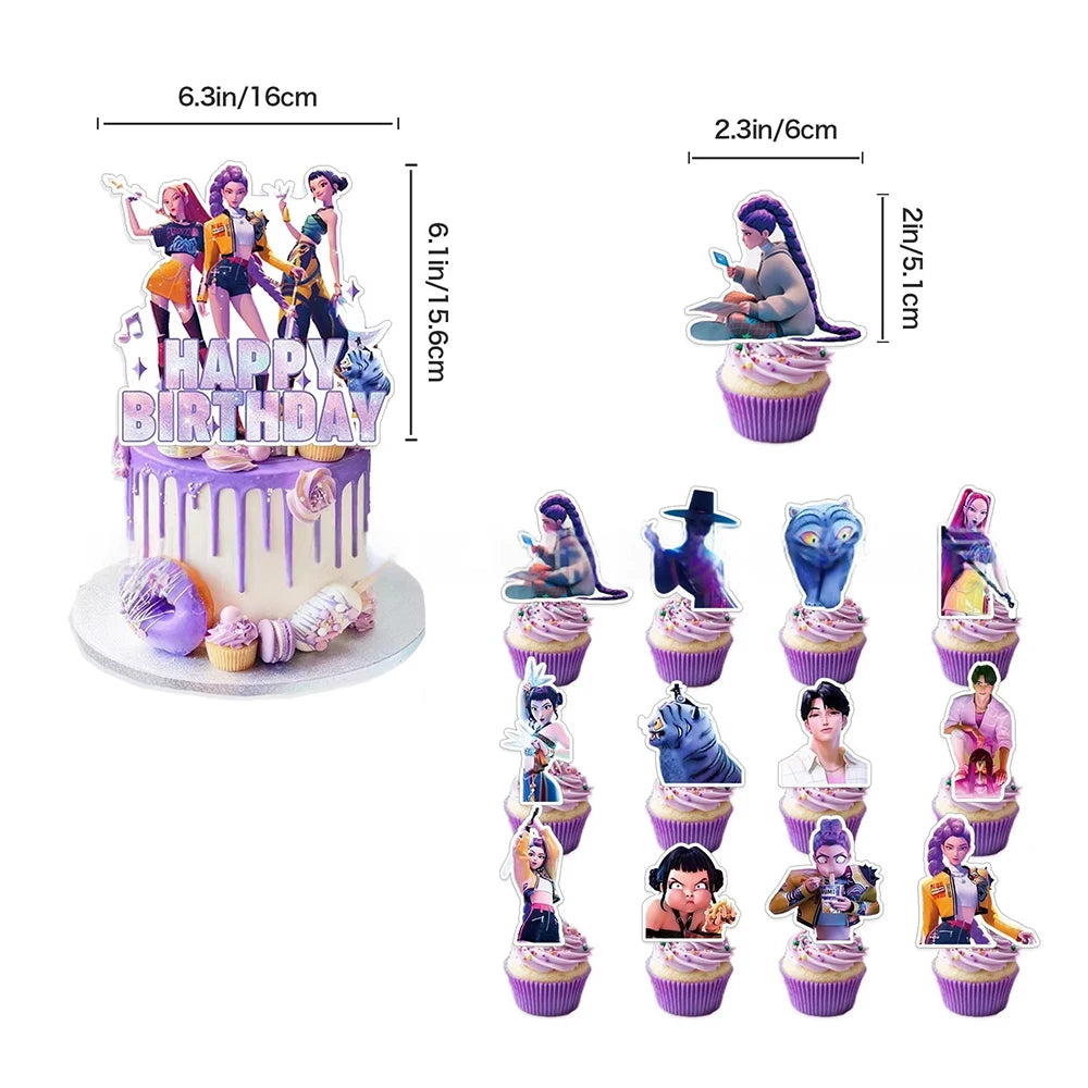 A set of K-Pop themed birthday party decorations including a banner and various cupcake toppers.