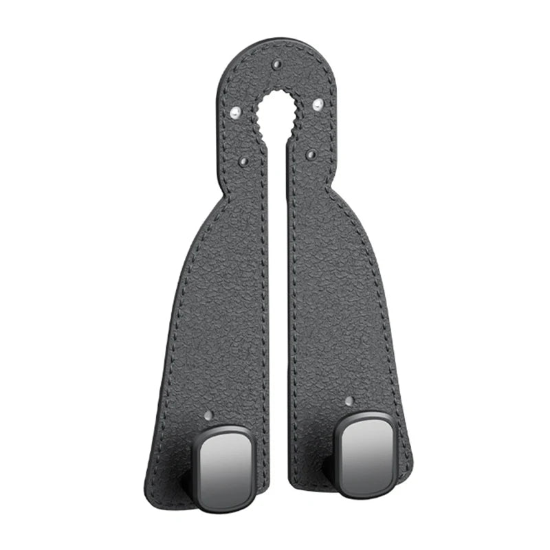 A pair of black car seat headrest hooks designed as a tidy organizer for bags, groceries, and coats.