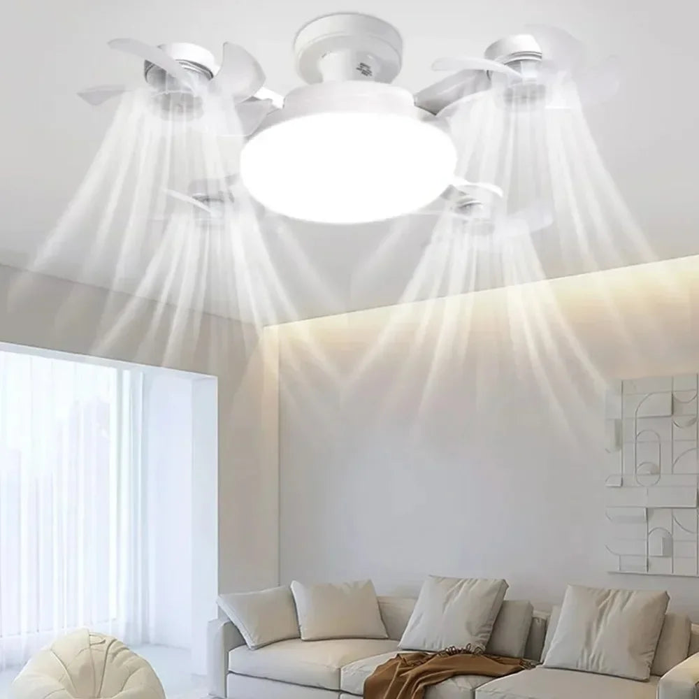 A modern white LED ceiling fan with multiple light heads illuminates a living room ceiling.