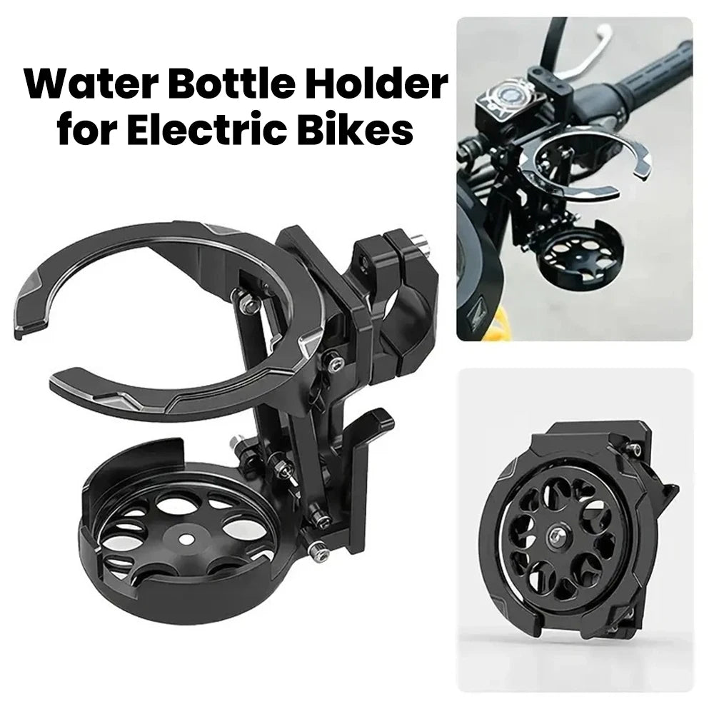 Black water bottle holder designed for electric bikes and scooters, featuring a foldable handlebar cup.