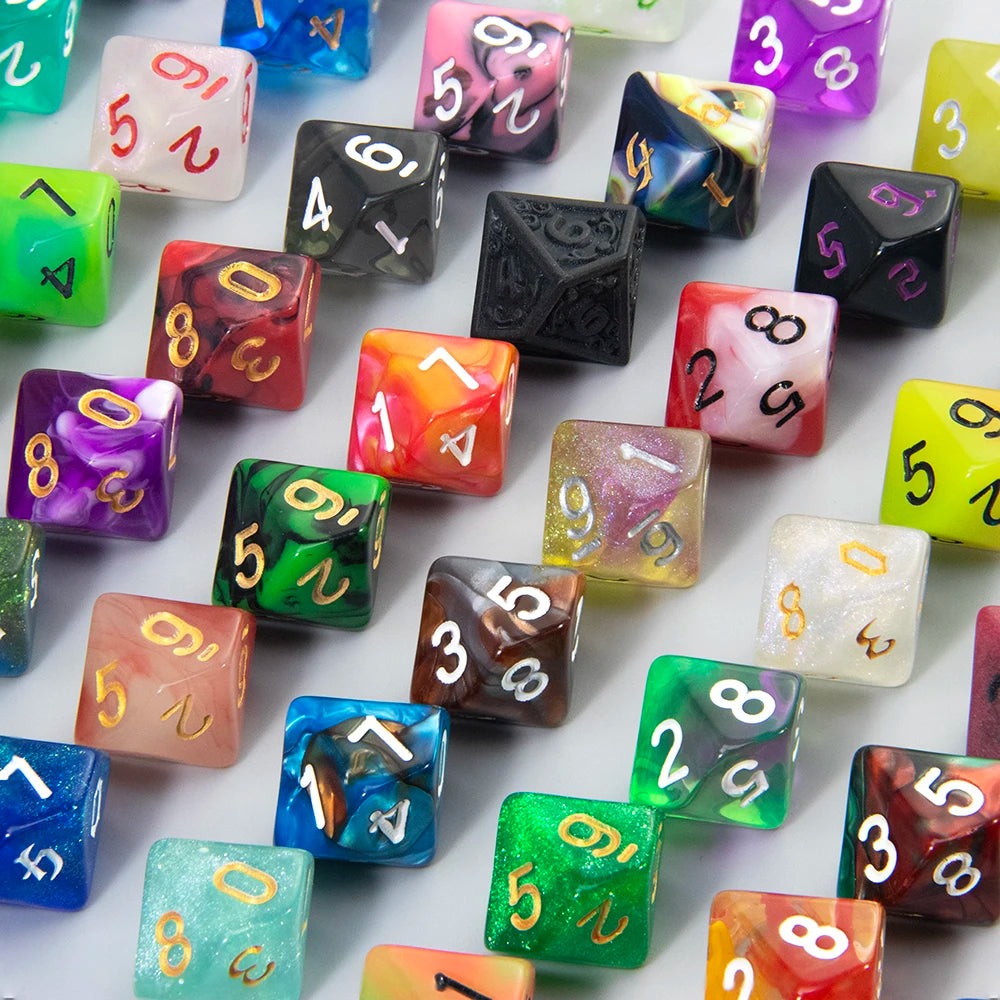 A collection of ten polyhedral dice in various colors and finishes, including pink, black, green, and purple.