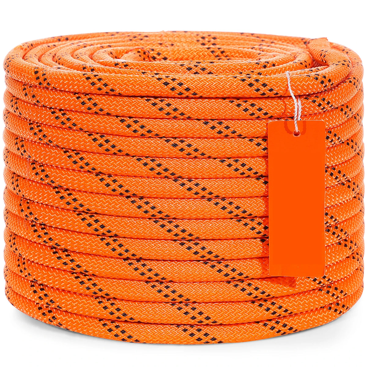A coil of bright orange heavy-duty double-braided polyester rope is shown on a white background.