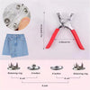 A set of metal snap fasteners, including a retaining ring and a button, shown with pliers for pressing.