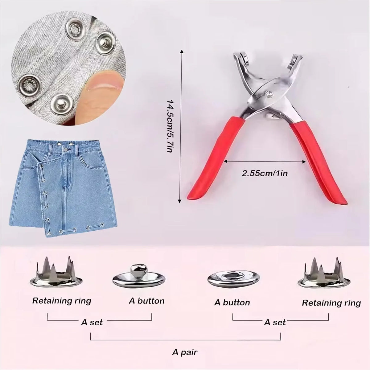 A set of metal snap fasteners, including a retaining ring and a button, shown with pliers for pressing.