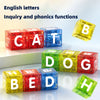 A collection of colorful magnetic letter blocks spelling CAT, BED, and DOG, used for inquiry and phonics functions.