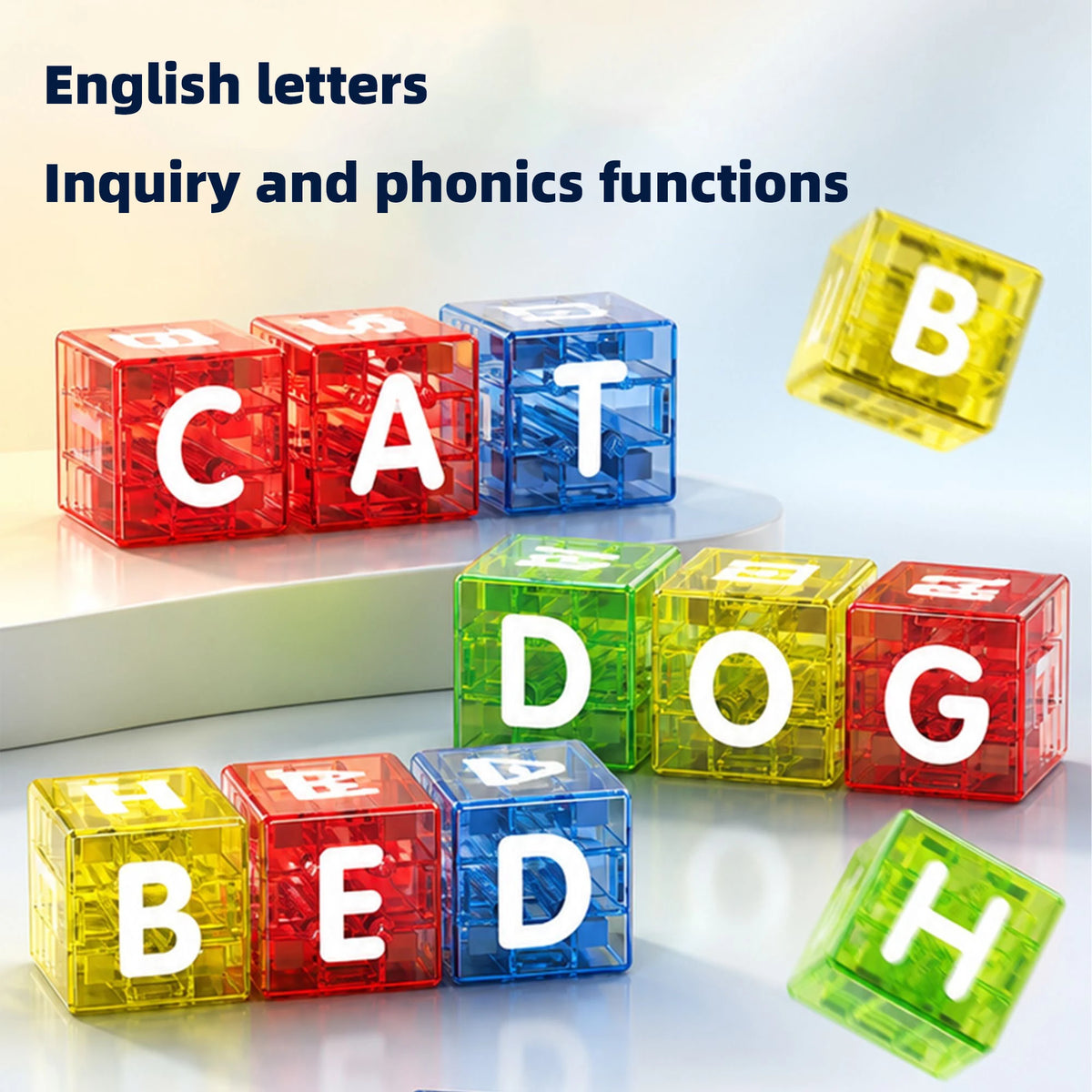 A collection of colorful magnetic letter blocks spelling CAT, BED, and DOG, used for inquiry and phonics functions.