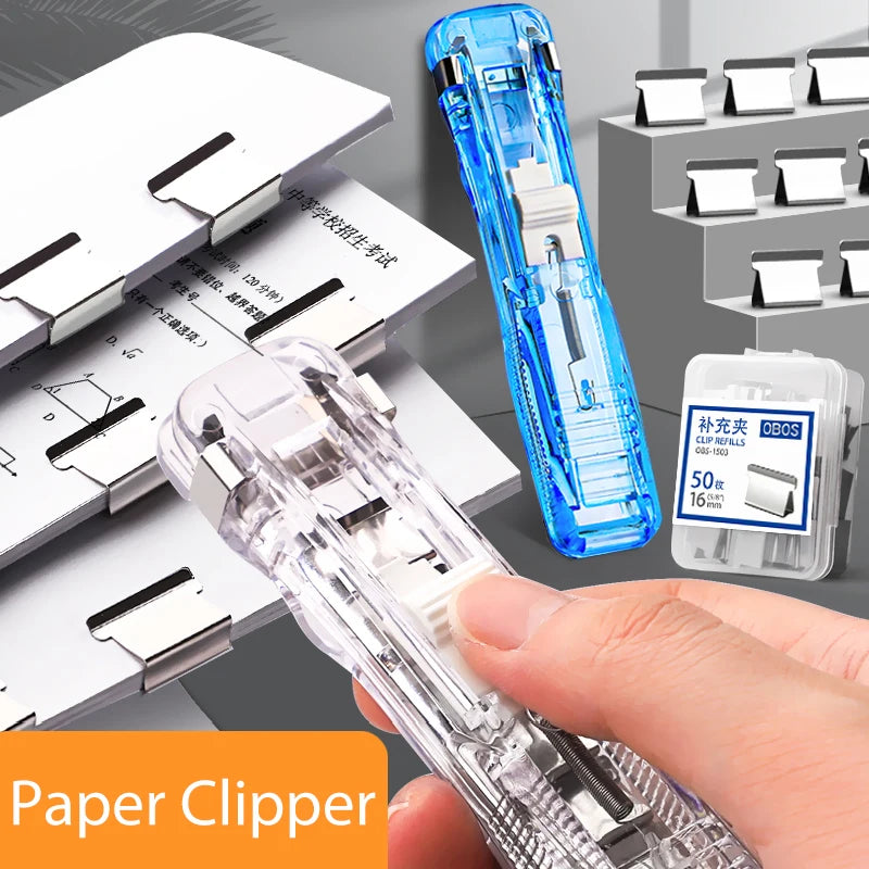 A hand is using a clear plastic paper clipper to bind documents, with a blue version shown next to stacked papers.