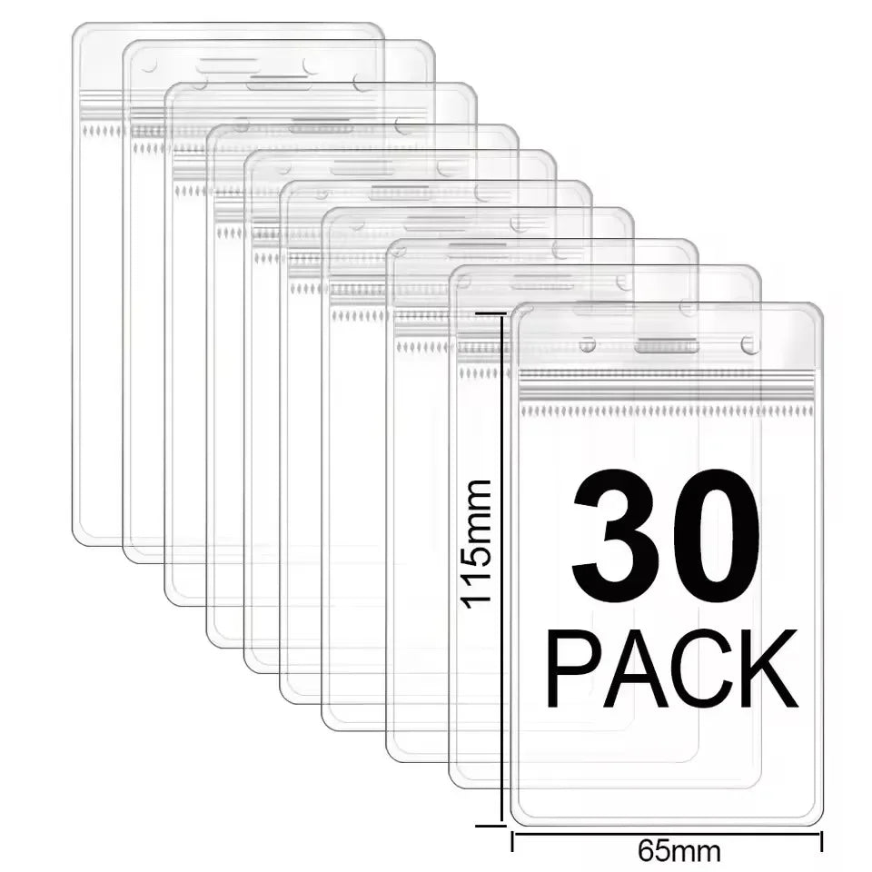 A stack of clear waterproof ID card holders with lanyard slots, showing the thickness and packaging details.