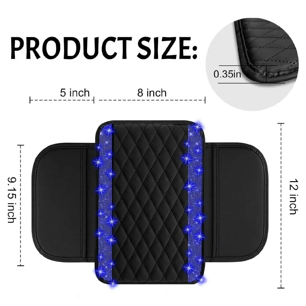 Black diamond quilted car armrest cover with storage featuring blue LED lights