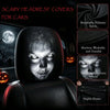 A black headrest cover featuring a realistic ghost face design for cars, shown in context.