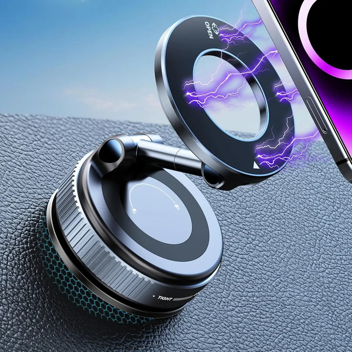A close-up of a magnetic phone mount with a rotating lens and dual vacuum suction, positioned near a smartphone.
