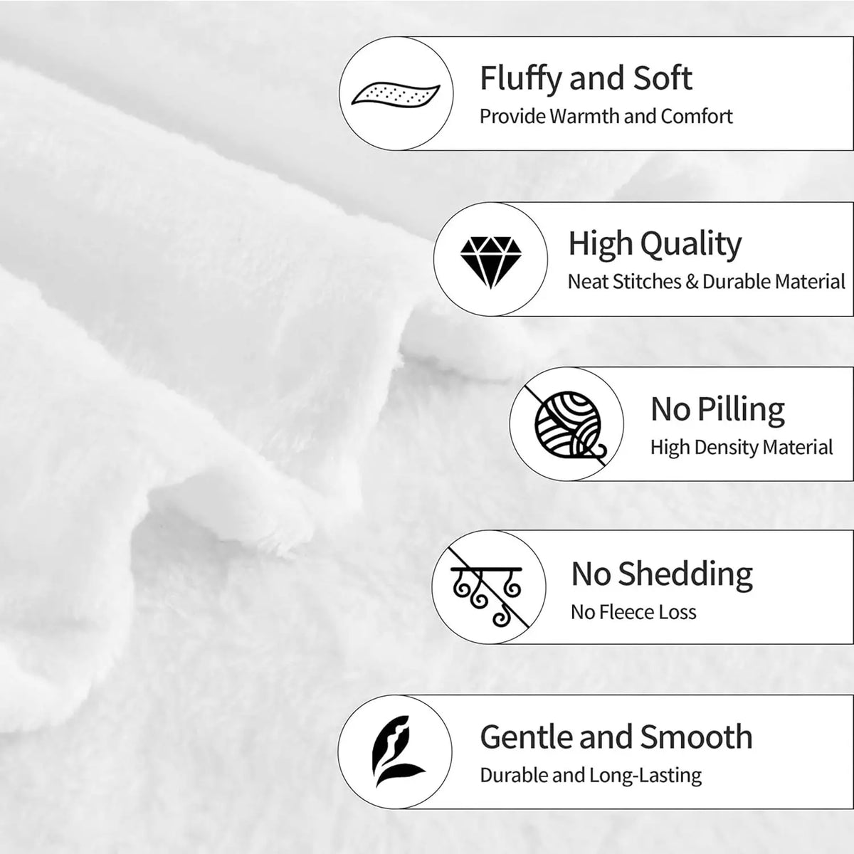 Gros plan d'une couverture en flanelle blanche moelleuse, montrant la douceur, la couture de haute qualité et la durabilité