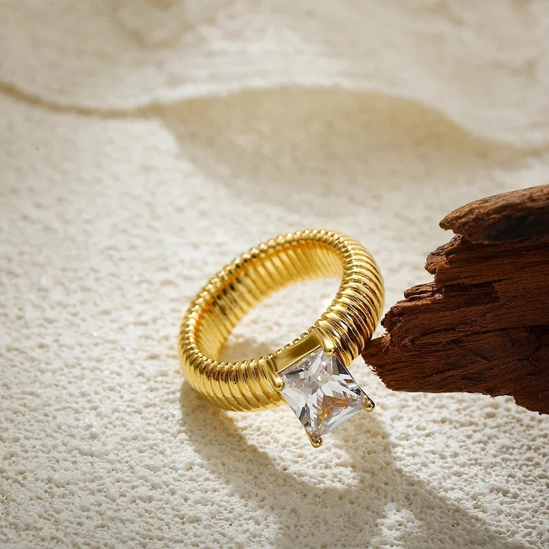 Chunky Gold-Plated Crystal Ring with Geometric Stripes