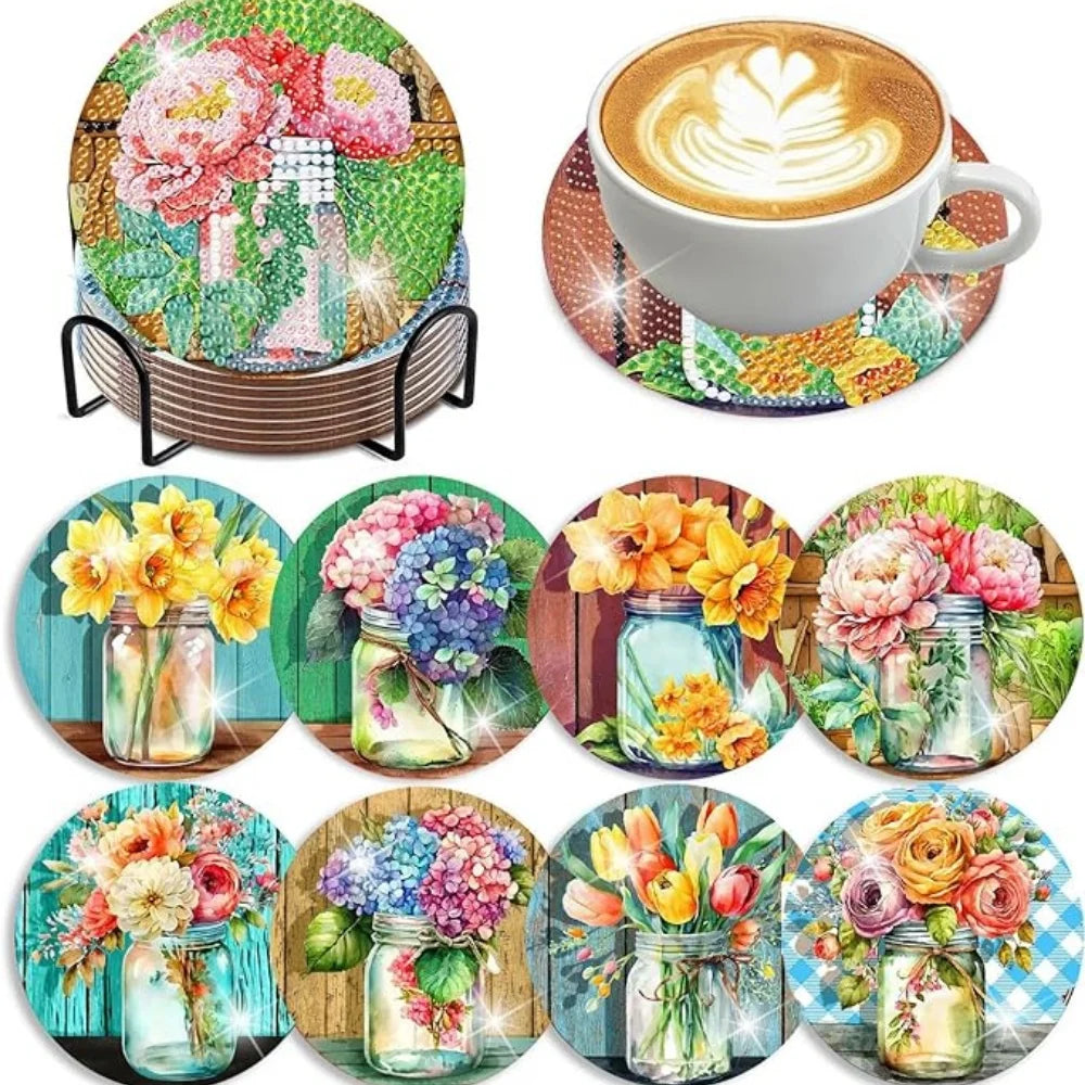 DIY Diamond Art Coaster Set with Holder – 8 Acrylic Coasters for Home Decor and Gifting