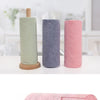 Three rolls of reusable microfiber cleaning towels in sage green, gray, and pink standing upright.
