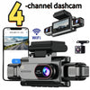 A black WiFi dashcam is shown alongside a smartphone displaying a live feed, demonstrating its 4-channel capability.