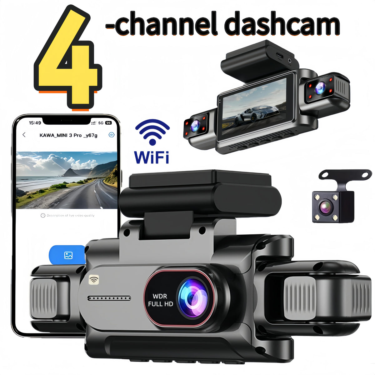 A black WiFi dashcam is shown alongside a smartphone displaying a live feed, demonstrating its 4-channel capability.