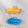Stainless steel wall-mounted soap dish with no-drill adhesive installation holding yellow and blue soap bars