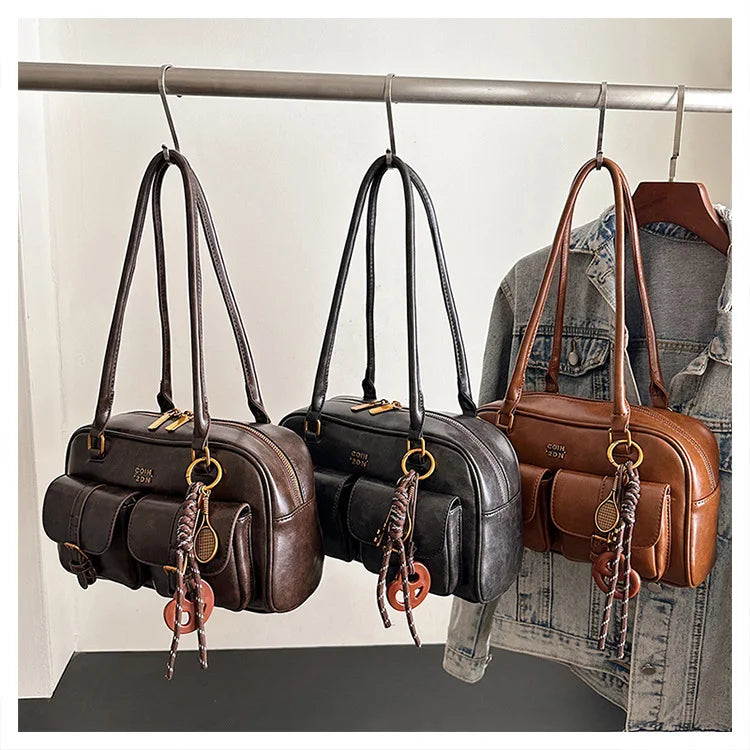 Women's Retro PU Leather Shoulder Bag with Multiple Pockets & Detachable Charm