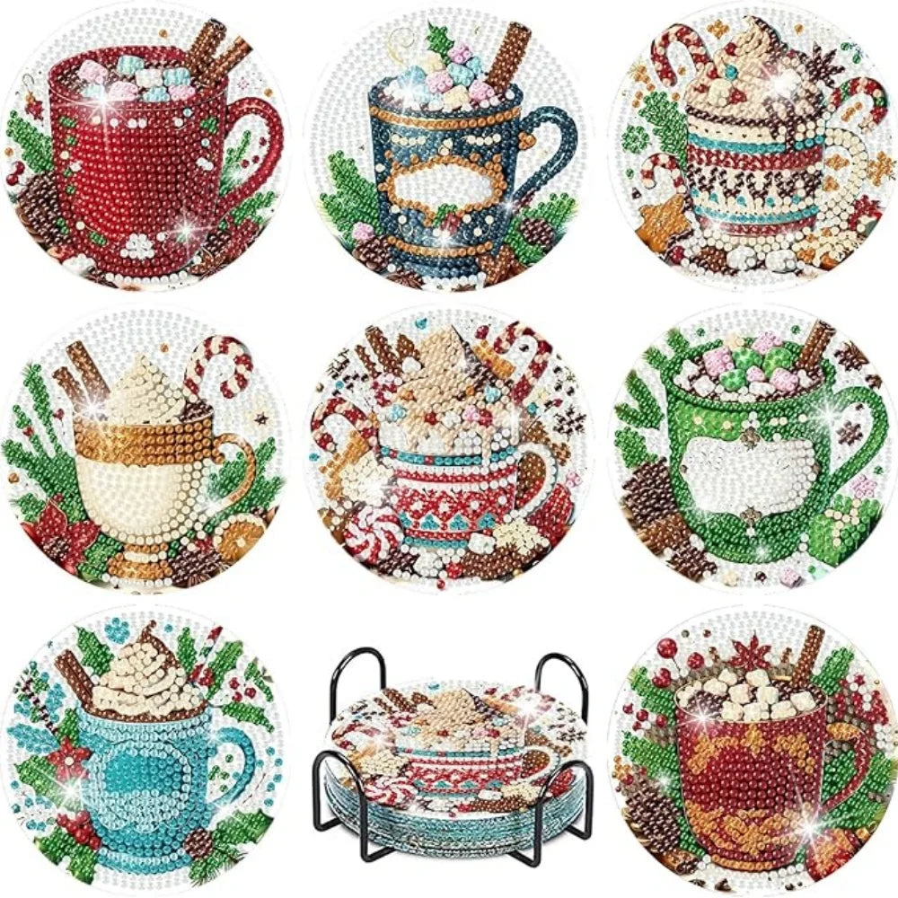 A set of DIY diamond art coasters featuring various mugs and cups with metal stands.
