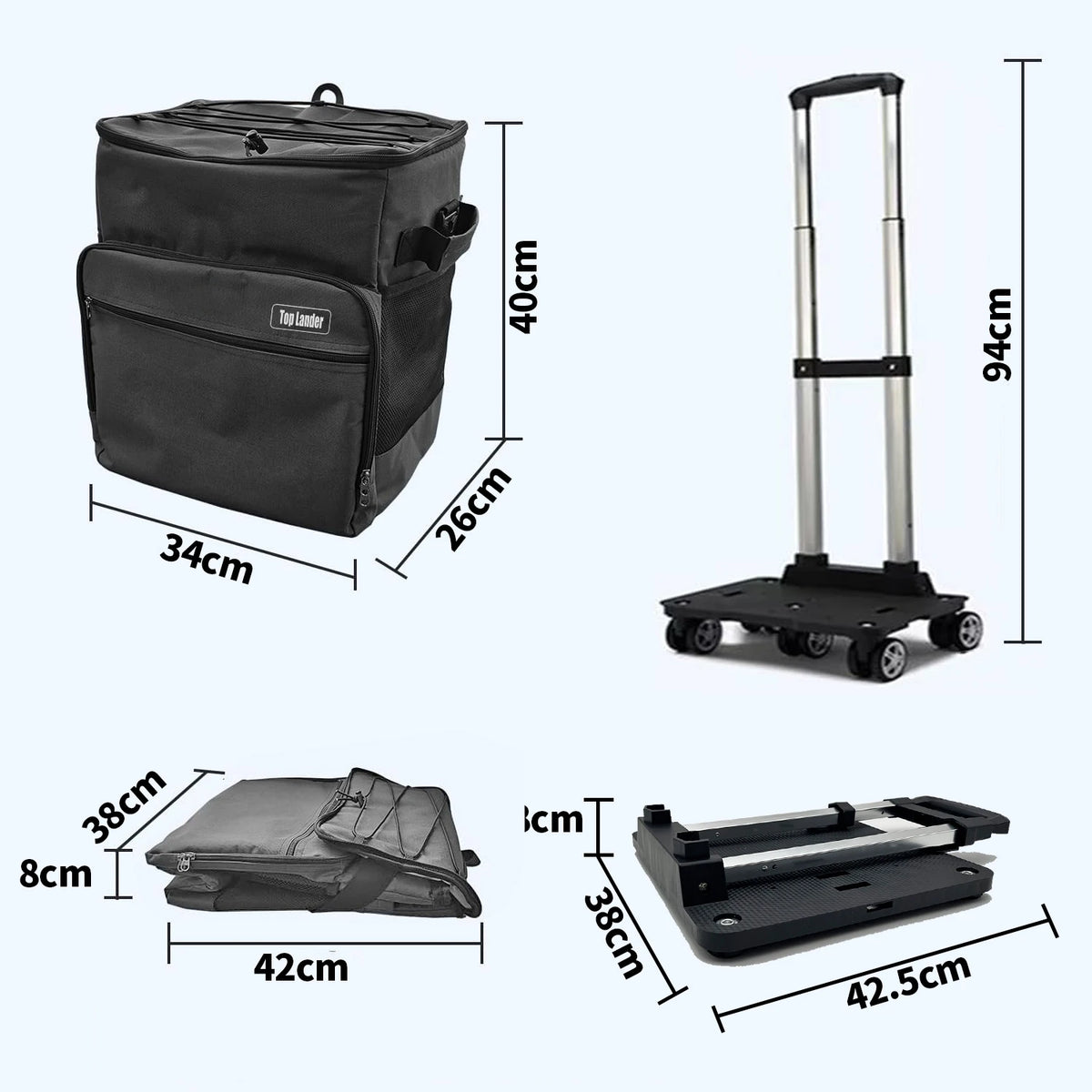 Bolsa isotérmica negra de 40L con sus dimensiones y una tabla plegable separada.