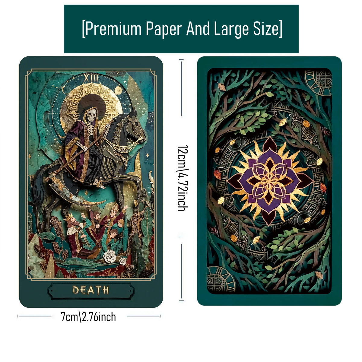 A tarot card titled Death featuring a dark horse and skeletal figure on a green background.