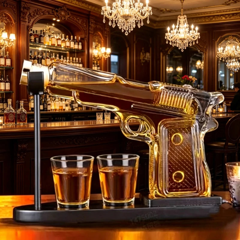 Pistol-Shaped Whiskey Decanter Set with Two Glasses