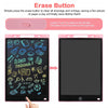 A pink LCD writing tablet showing a colorful drawing and an erase button mechanism.