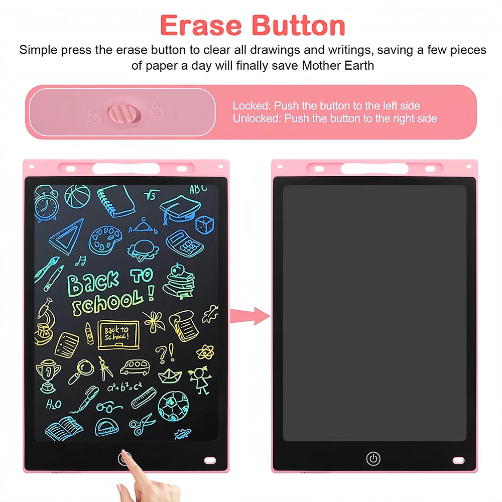 A pink LCD writing tablet showing a colorful drawing and an erase button mechanism.