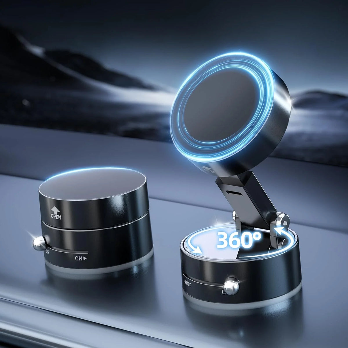 A close-up of a 360 degree magnetic car phone mount with a suction cup holder and a rotating lens.