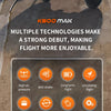 A black remote control fighter plane is shown with various features highlighted, including high air pressure and long term fl
