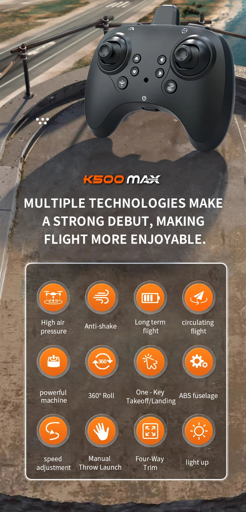 A black remote control fighter plane is shown with various features highlighted, including high air pressure and long term fl