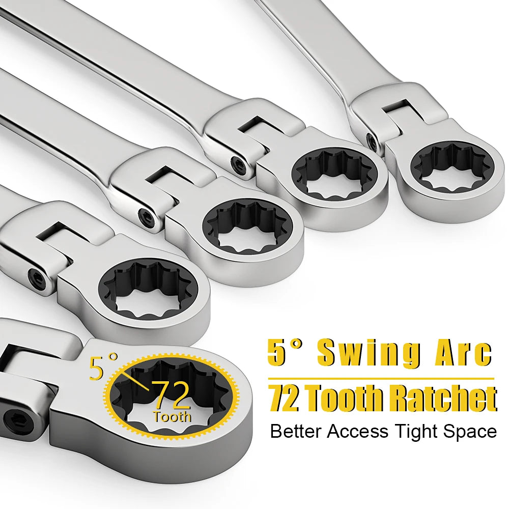 Ratcheting Spanner Set with Flexible Head – 72-Tooth Design