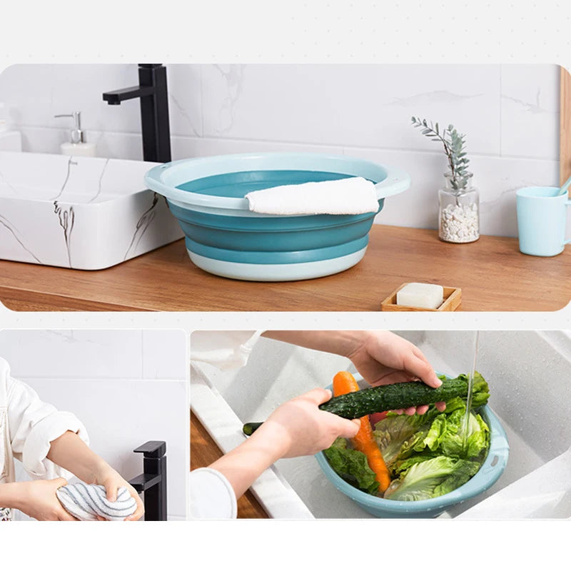 A blue wash basin is shown in a kitchen setting, next to a sink and wooden counter.