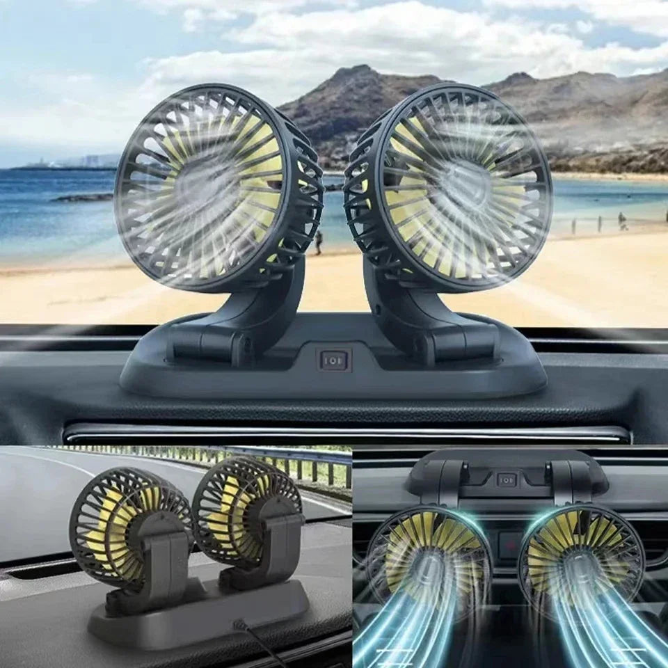 A dual-head USB car fan is shown mounted in a car's vent, displaying airflow and light patterns.